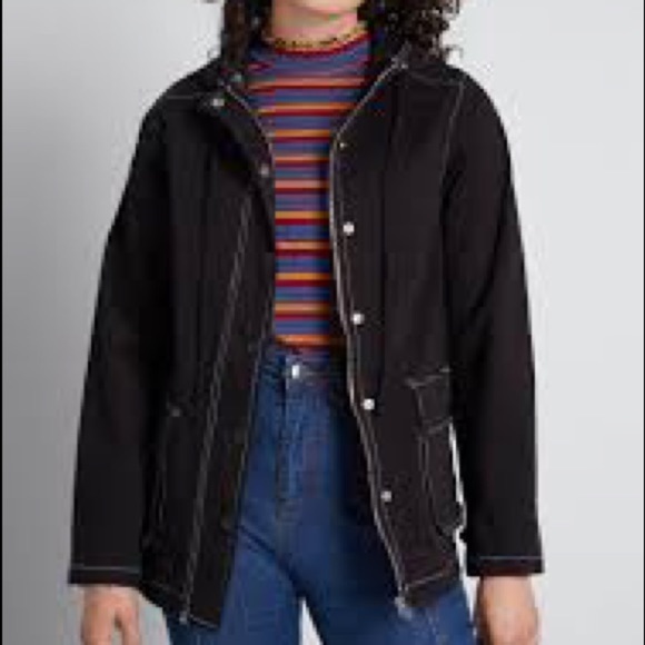 ModCloth Uncharted Territory Hooded Anorak Jacket in black with white stitching. - Picture 1 of 11